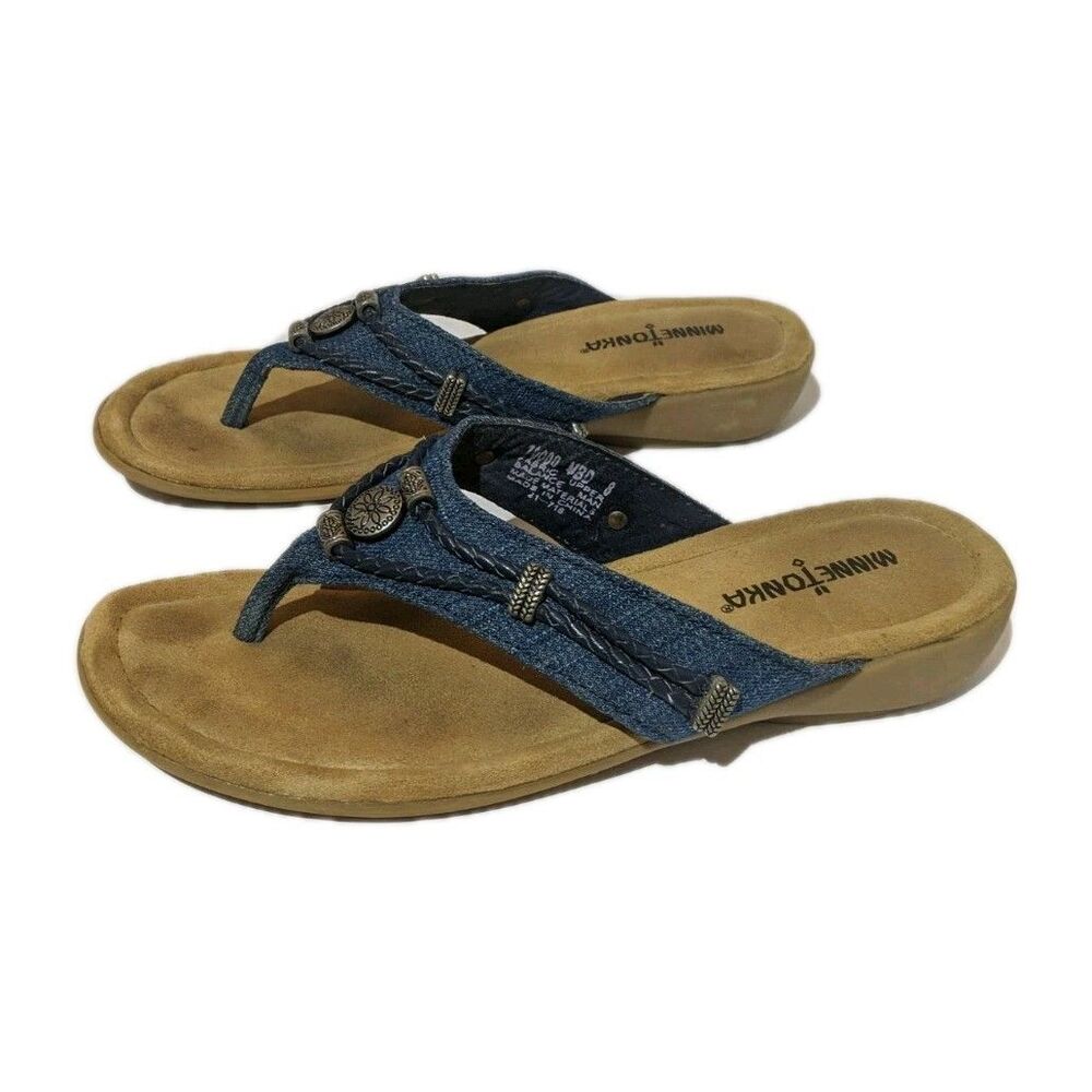 Minnetonka Silverthorne 360 Thong Sandals Women 8 Jeweled Padded Foot Blue